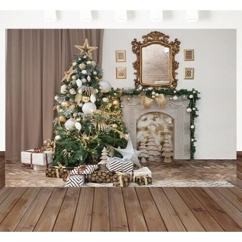 Christmas Photography Backdrops Christmas Tree Fireplace Gift Mirror Indoor Backdrop Family Party Props Seamless Background