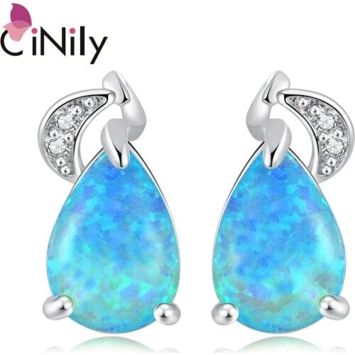 CiNily Created Blue Fire Opal Cubic Zirconia Silver Plated Wholesale Fashion Jewelry for Women Stud Earrings 16mm OH3876
