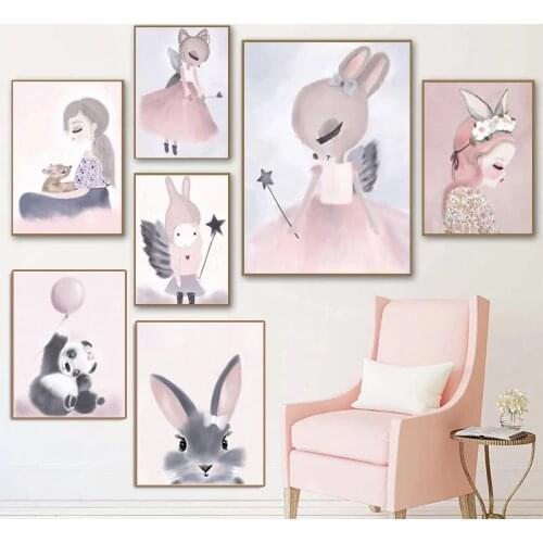 Nordic Watercolor Cartoon Unicorn Deer Rabbit Girl Canvas Painting Flower Poster Swan Wall Pictures Kids Room Home Decoration