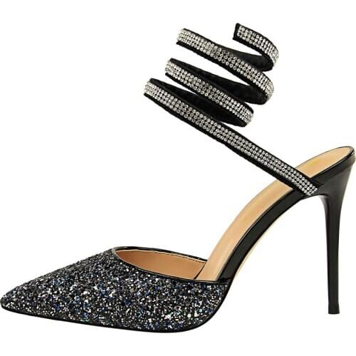 Тонкие каблуки, острый рот, блестящие блестки, сандалии вокруг ног,бесплатная доставка