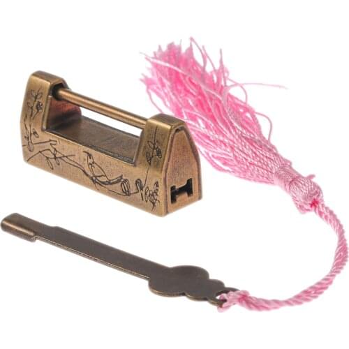 1set Vintage Brass Lock + Key+Tassel Antique Bronze Old Chinese Painting Flower&Bird Pattern Carved Padlock 43*11*19mm Wood Box