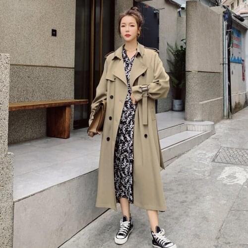 Womens Windbreaker 2021 Spring Autumn New Double-Breasted Mid-Length Korean Loose Khaki Long-Sleeved Straight Fashion Coat 11H