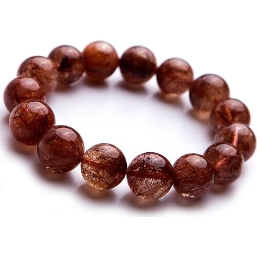14mm Genuine Natural Copper Hair Rutilated Quartz Crystal Round Beads Women Gift Bracelets