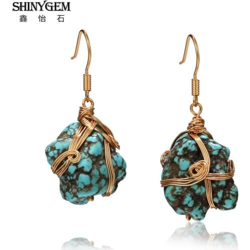 ShinyGem 14K electroplated gold wire Turquoisel Earrings For Women Handmade Indefinite shape Turquoise fashion Earrings
