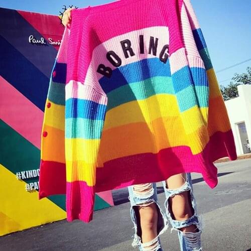 Lazy BORING Emboridery Rainbow Striped Cardigan Oversized Long Sleeve Knit Top Women‘s Sweaters Cardigans Harajuku Outift