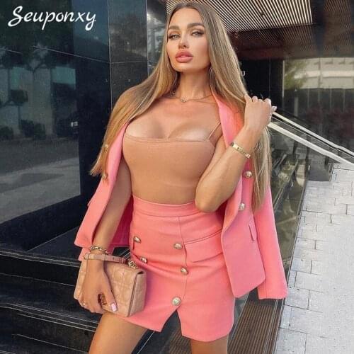 High Quality WomenS Button Slim 2 Two-Piece Set 2021 Spring Sexy V-Neck Long Sleeve Jacket + High Waist Skirt Fashion Set
