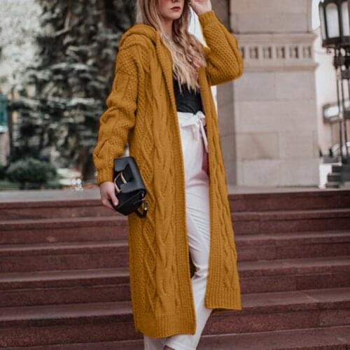 Women Solid Knit Hooded Cardigan Winter Fashion Loose Long Sweater Jacket Clothes Retro Long Sleeve Office Lady Cardigan Jacket