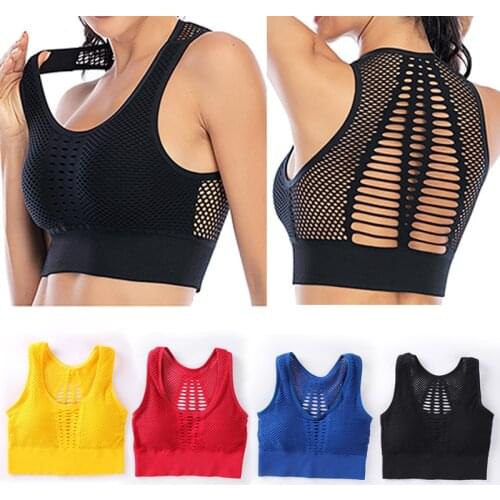 Womens Medium Mesh Support Cross Back Wirefree Removable Cups Sport Bra Tops Freedom Seamless Yoga Running Sports Bras