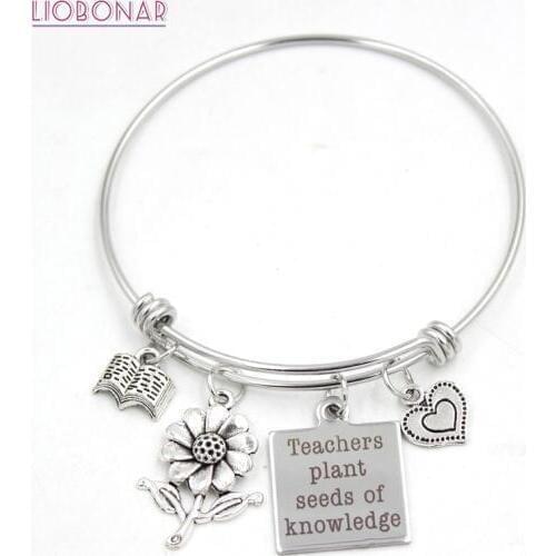1PC Stainless Steel Jewelry Adjustable Wire Bangle Heart Flower Book Teachers Charm Bracelets for Teachers Gifts Bijoux Pulsera