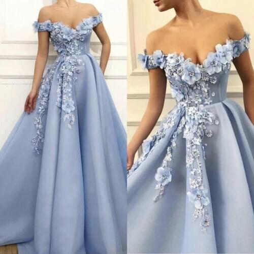 2020 Blue Special Occasion Dresses Lace 3D Floral Appliqued Pearls Evening Dress A Line Off The Shoulder Custom Made Prom Wear