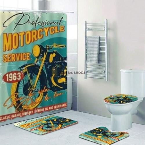 4Pcs Vintage Motorcycle Racer Shower Curtains Set Classic Motor Cycle Racer Biker Bath Curtains for Bathroom Toilet Mats Rugs