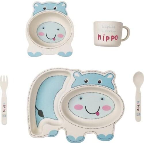 5Pcs/set Bamboo Fiber Baby Feeding Bowl Plate Fork Spoon Cup Set Children Tableware Cartoon Separation Tray Dishes Baby Gift