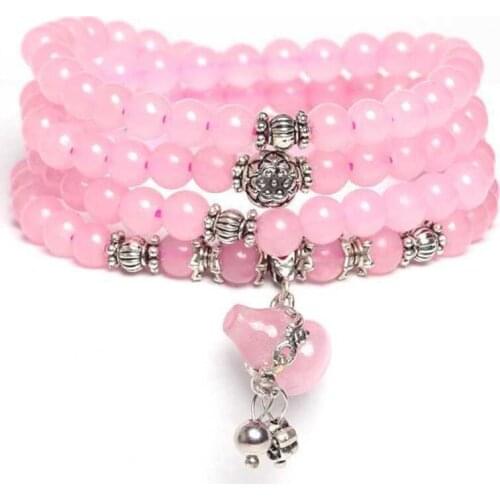 FYSL Silver Plated Gourd Natural Rose Pink Quartz Long Beads Bracelet for Gift Trendy Jewelry