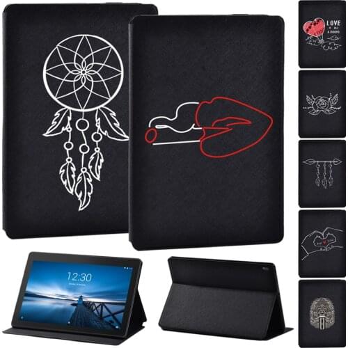 For Lenovo Tab E10 10.1 Inch Black Printing PU Leather Tablet Protective Folio Stand Cover Case + Free Stylus