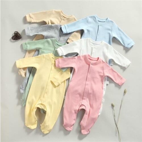 Newborn Baby Footed Rompers Pajamas Cute Casual Solid Color Girls Boys Long Sleeve Button Down Jumpsuits Clothes Fall Spring
