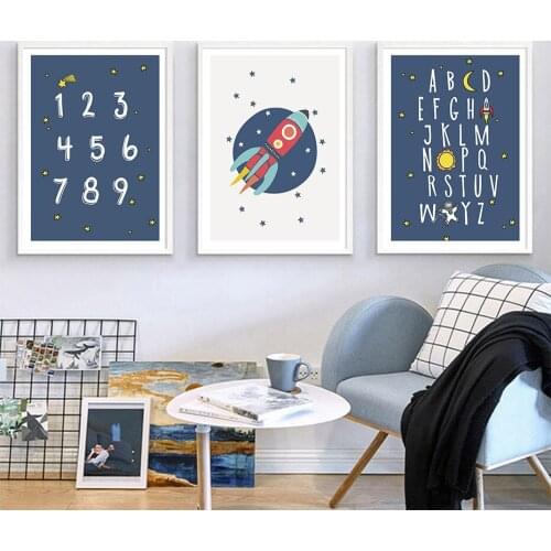 Baby Nursery Bedroom Poster Canvas Art Prints Cartoon Astronaut Rocket Letter Number Wall Painting Kids Room Cute Pictures Decor