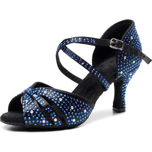 Brands Salsa Jazz Dance Ladies Discounts Sale Social Teachers Professional Urban Heel Rhinestone Women Dancing Latin Shoes Blue