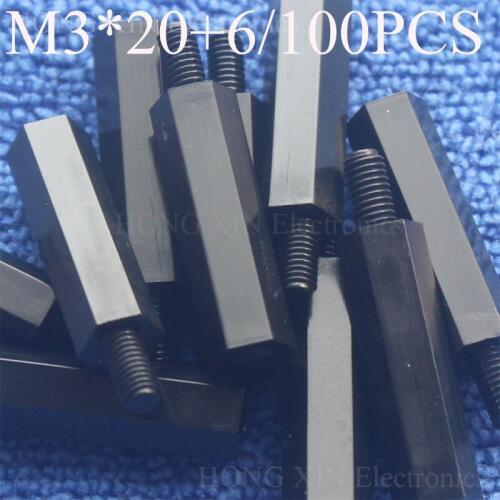 Hot 100Pcs M3 Thread 20mm+6mm PCB Fixed Nylon Hex Column Standoff Spacer Pillar Black Male to Female nylon spacer