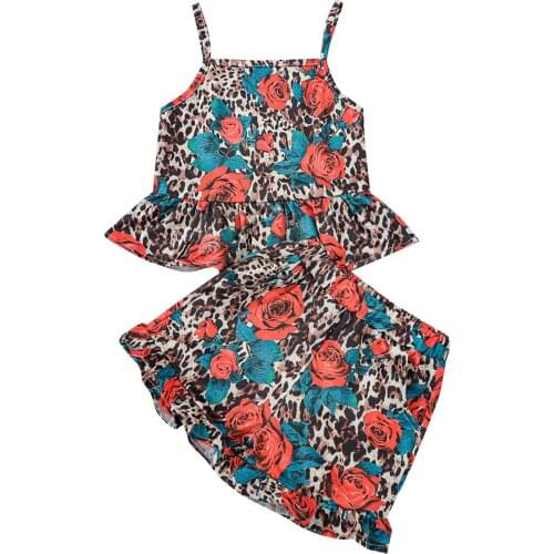 2Pcs Children Summer Outfit, Leopard Rose Print Spaghetti Straps Tank Tops + Elastic Waist Shorts for Small Girls