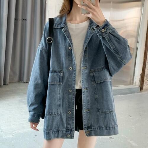 Retro Denim Jacket Women Oversize Jean Coats 2020 Loose Blue Casual BF Korean Drop-shoulder Plus Size Streetwear with Big Pocket