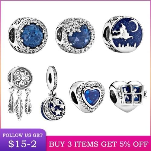 LByzHan Genuine 925Silver Shining Blue Heart Charm Fit Original 3mm Bracelet Bangle Making Fashion DIY Jewelry For Women