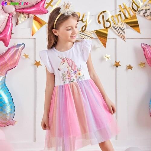 Summer Girls Unicorn Dress Kids Licorne Cotton Mesh Patchwork Vestidos Children Princess Dresses Party School Casual Clothes