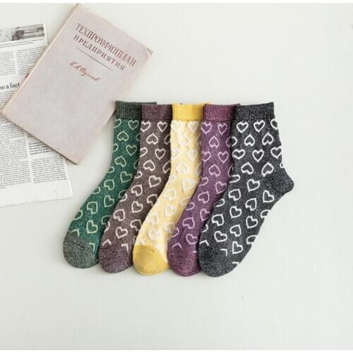 Heart Embroidered Girls Lurex Socks Students Soild Cotton Shining Crew Sock Woman Summer Winter Glitter Embroidery Ankle Socks