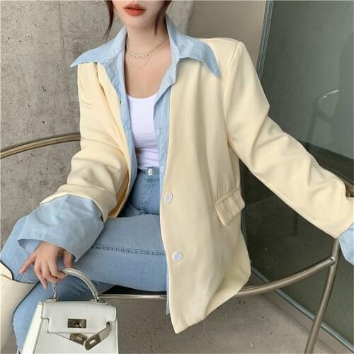 2021 Elegant Fake Two-Piece New Blazers Vintage Office Lady Casual Autumn Chic Women High Street Loose OL Hot Tops