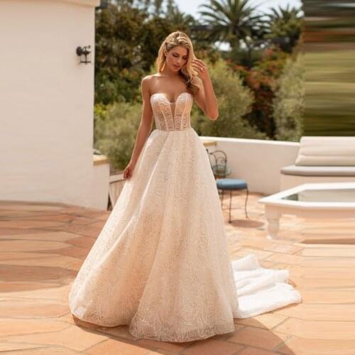 Charming On Sale A Line Lace Open Back Wedding Gowns for Bride Sweetheart Bridal Wedding Dresses Corset Bodice Court Train 2020