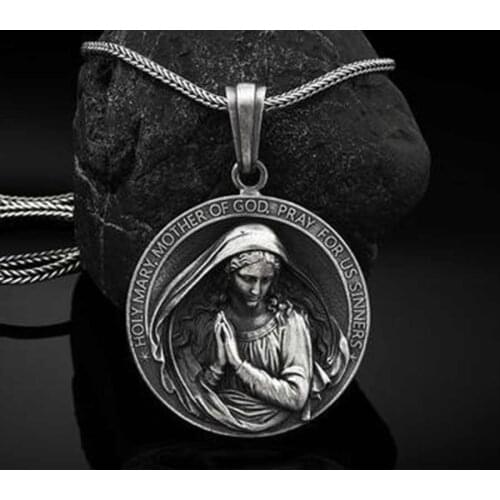 JHSL Pure Tin Men Virgin Mary Necklace Round Pendant Christian Vintage Gray Color Fashion Jewelry Chain Wholesale