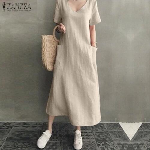 ZANZEA 2021 Women Long Maxi Summer Dress Casual Cotton Linen Ladies Big Pockets Beach Party Robe Femme Vestidos