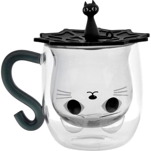 On Sale Double Wall Glass Cups Creative Cat Shape Coffee Mugs Tea Coffee Cup with Lid Cartoon Kitty Home Office Drinking Glasses