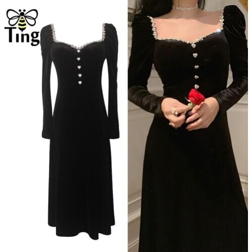 Tingfly Luxury Crystal Diamond Black Velvet Dress Sexy Sweetheart Neckline Love Button Decor Party Night Velour Dresses Retro ZA