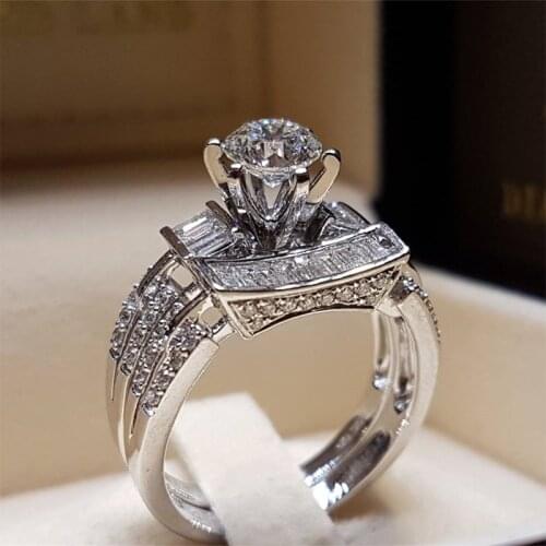 Luxury Crystal Female Big Stone Ring Set Fashion Queen Silver Bridal Engagement Rings For Women Promise Love Finger Ring