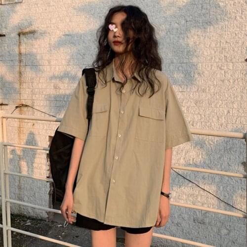 Shirts Women Short Sleeve Turn-down Collar Summer Solid Blouse Retro Pockets Loose Womens Streetwear Harajuku Shirt All-match