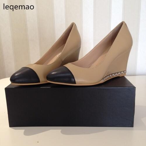 Fashion Women Office Lady Pumps Ling Genuine Leather High Heels Wedges Gold Color Chain Round Toe Shoes Size 35-40
