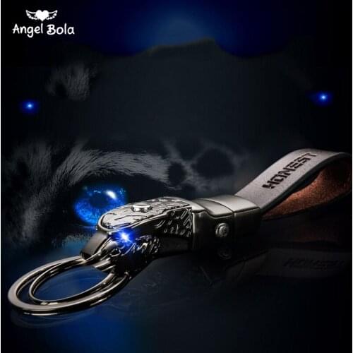 High Grade Alloy Men Leopard Key Chain Car Key Ring Holder Keychains Jewelry Bag Pendant Genuine Leather Gift LED Function