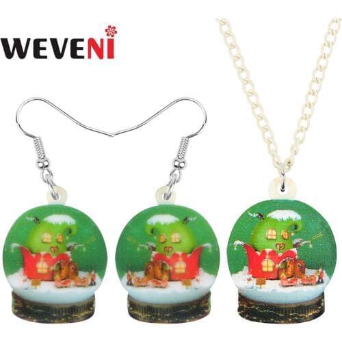 WEVENI Acrylic Christmas Santa Claus Crystal Ball House Jewelry Set Necklace Earrings Jewelry For Women Girl Kid Decoration Gift