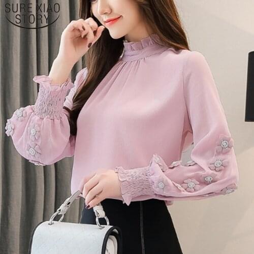 2021 New Arrival Womens Tops and Blouses Long Sleeve Chiffon Blouse Pink Female Clothes Loose Office Lady Tops Blusas Chic 6939