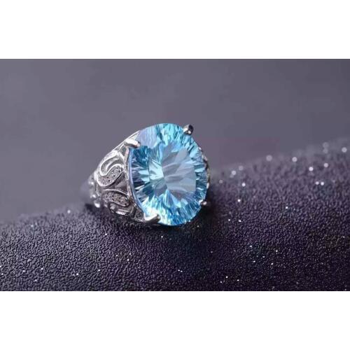 Natural blue topaz stone Ring Natural gemstone Ring S925 sterling silver trendy Elegant big round women girl gift Jewelry