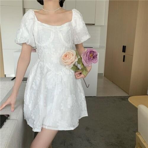 One Piece Dress Korean Puff Short Sleeve Jacquard Elegant Mini Dress Women Square Collar Vintage Dress 2021 Summer Chic Vestidos