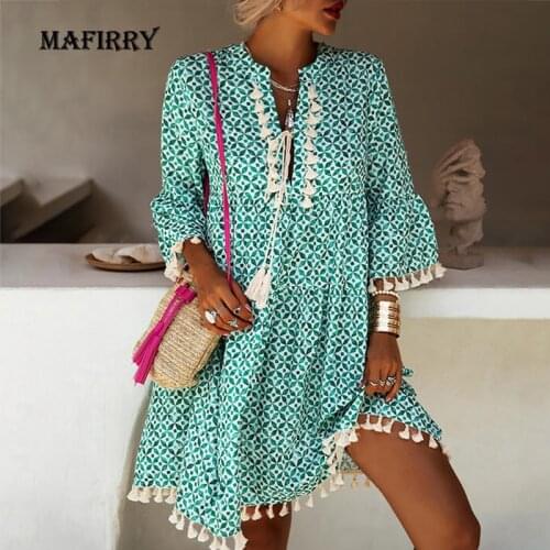 Tassel Style Women Loose Holiday Mini Dress Summer V Neck Casual Three Quarter Sleeve Dress Femme Slim Print Streetwear Dress