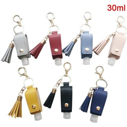 1PC 30ml Portable Empty Leakproof Plastic Travel Bottle for Hand Sanitizer with Tassels Leather Keychain Holder Carriers