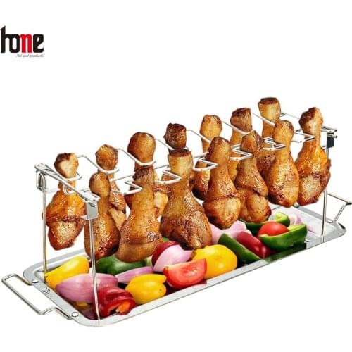 14 Slots Chicken Leg Wing Grill Rack Pan Stainless Steel Bbq Non Stick Barbecue Oven Roaster Stand Kitchen Gadgets Accessories