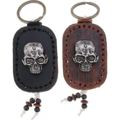 Gothic Punk Skull Hiphop Alloy Keyring Key Chain Black Brown Genuine Leather Car Keychains Bag Accessories Fashion Rock Jewelry