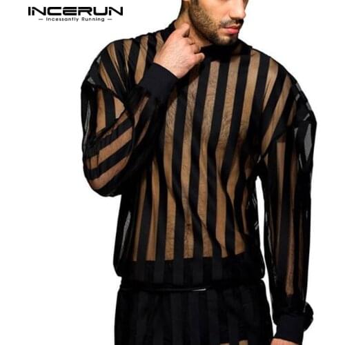Men T Shirt Striped Mesh Sexy See Through O Neck 2021 Long Sleeve Party Nightclub Tee Tops Streetwear Casual Camisetas INCERUN