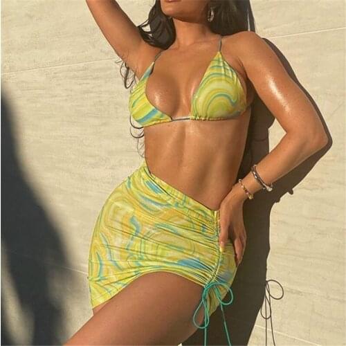 IR-CKERT Women Sexy Hot Drawstring Matching Printed Sets Strap Backless Holiday Beachwear Bra And Skirt 2 Piece Outfits Slim
