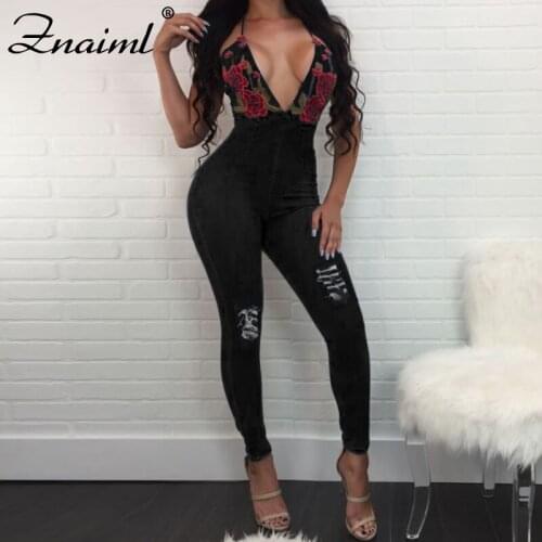 Znaiml Spaghetti Strips Embroidery Denim Jumpsuit For Wommen Casual Rompers Deep V-Neck Backless Ripped Jeans Jumpsuits Overalls