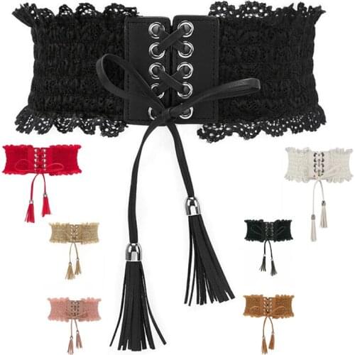 High Quality Lace Wide Belt Women Tassel Lace-up Waistband Elastic Band Buckle Cummerbunds Fashion Slim Waist Dress Accessory