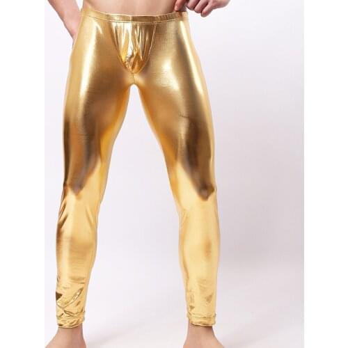 Sexy Men Low-rise U Bulge Pouch Night Club Stage Performance Tights Bodywear Pants Mens Shiny Faux Leather Leggings Gay Wear